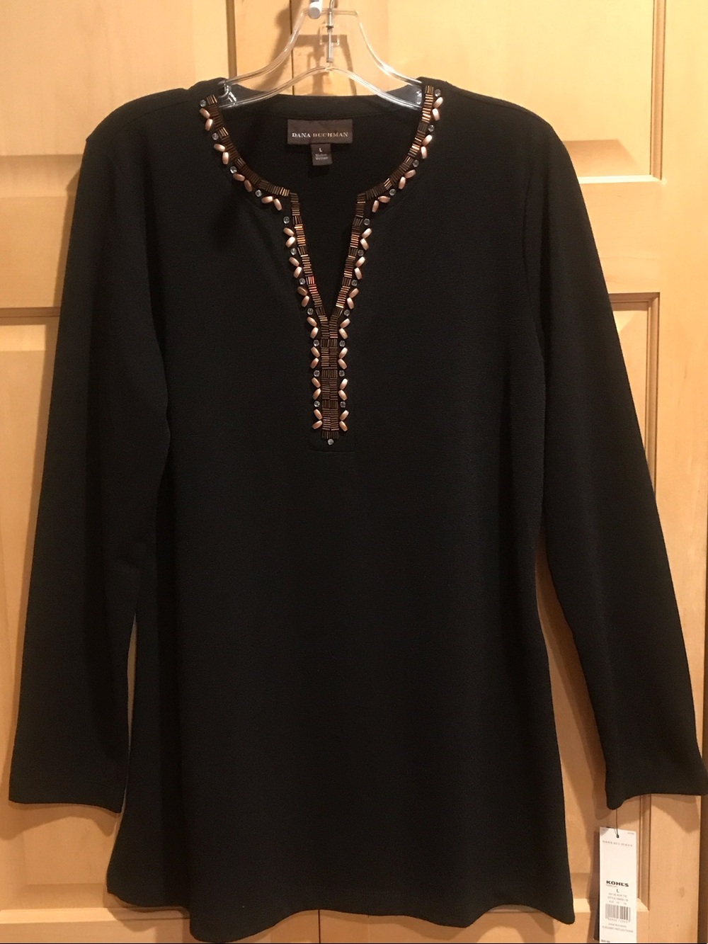 New Dana Buchman Black Long-Sleeve Tunic with Bronze Bead Trim